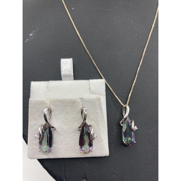 Mystic Gemstone Tourmaline Sterling Silver Crystal‎ Earrings Necklace 22" Set - Picture 1 of 7
